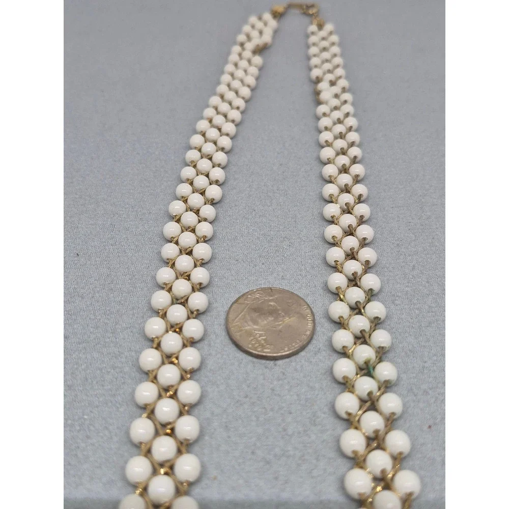Vintage Woven Milk White Bead Necklace Woman Gold Tone Triple Strand Mesh Chain